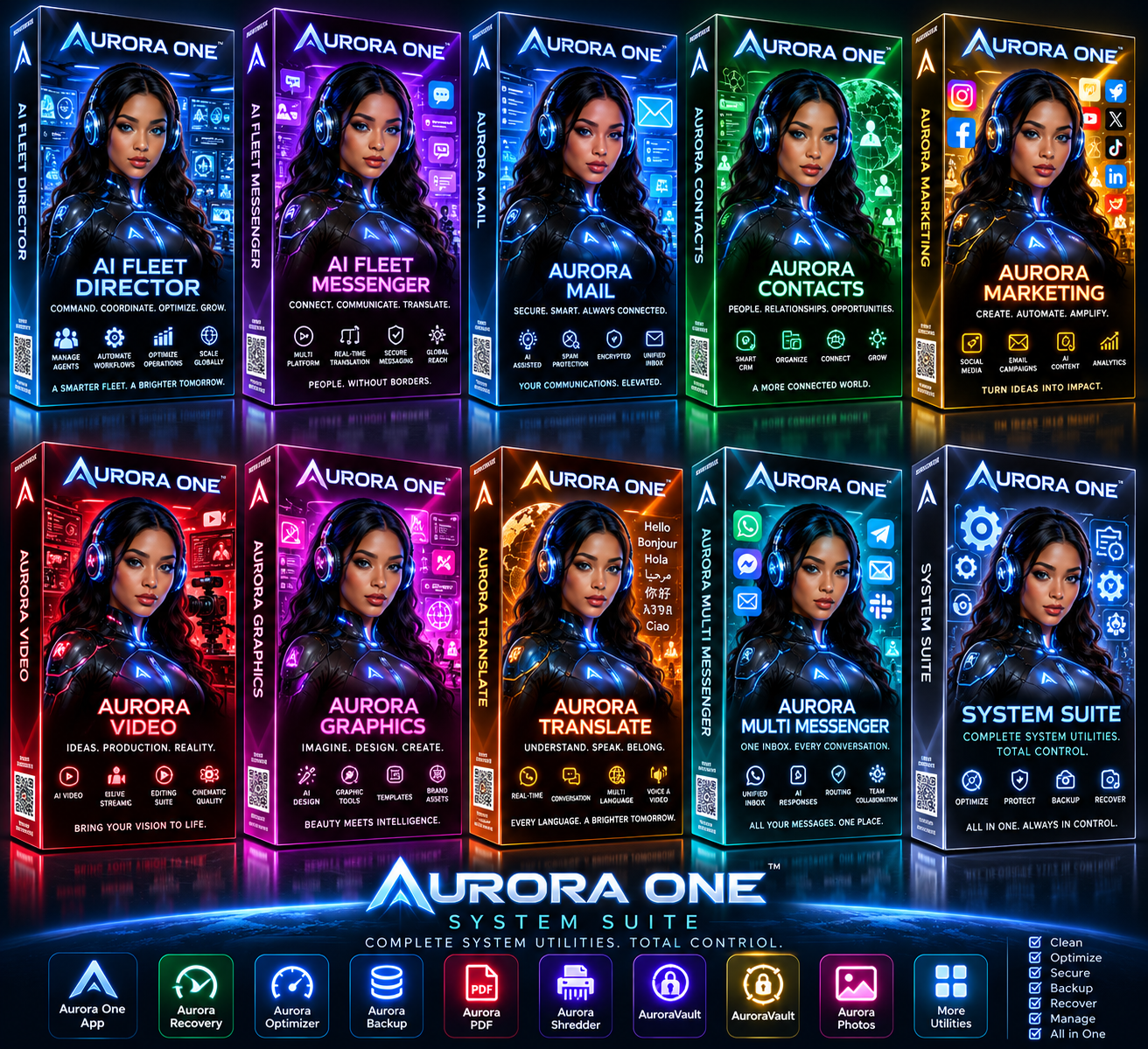 Aurora One software collection: Fleet Director, Messenger, Mail, Contacts, Marketing, Video, Graphics, Translate, Multi Messenger and Aurora System Suite